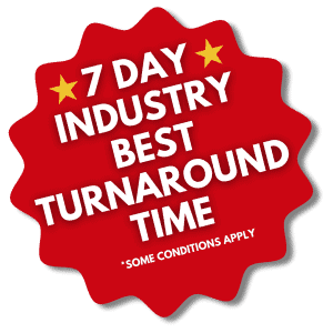 Weaver - Fast Eavestroughs Red starburst-shaped label with white text reading "7 Day Industry Best Turnaround Time" and smaller text at the bottom saying "*Some conditions apply.