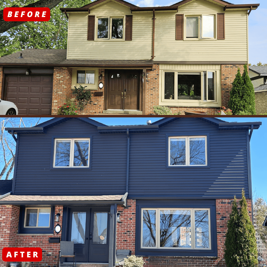 Side-by-side before and after photos of a house exterior, showing a color change from beige and brown to dark blue with matching trim and updated windows.